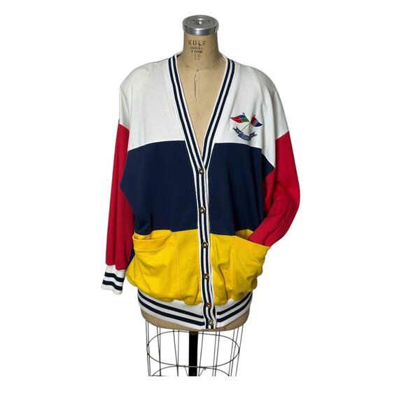 1980s Adolfo color blocked cardigan jacket Size L - Picture 1 of 5
